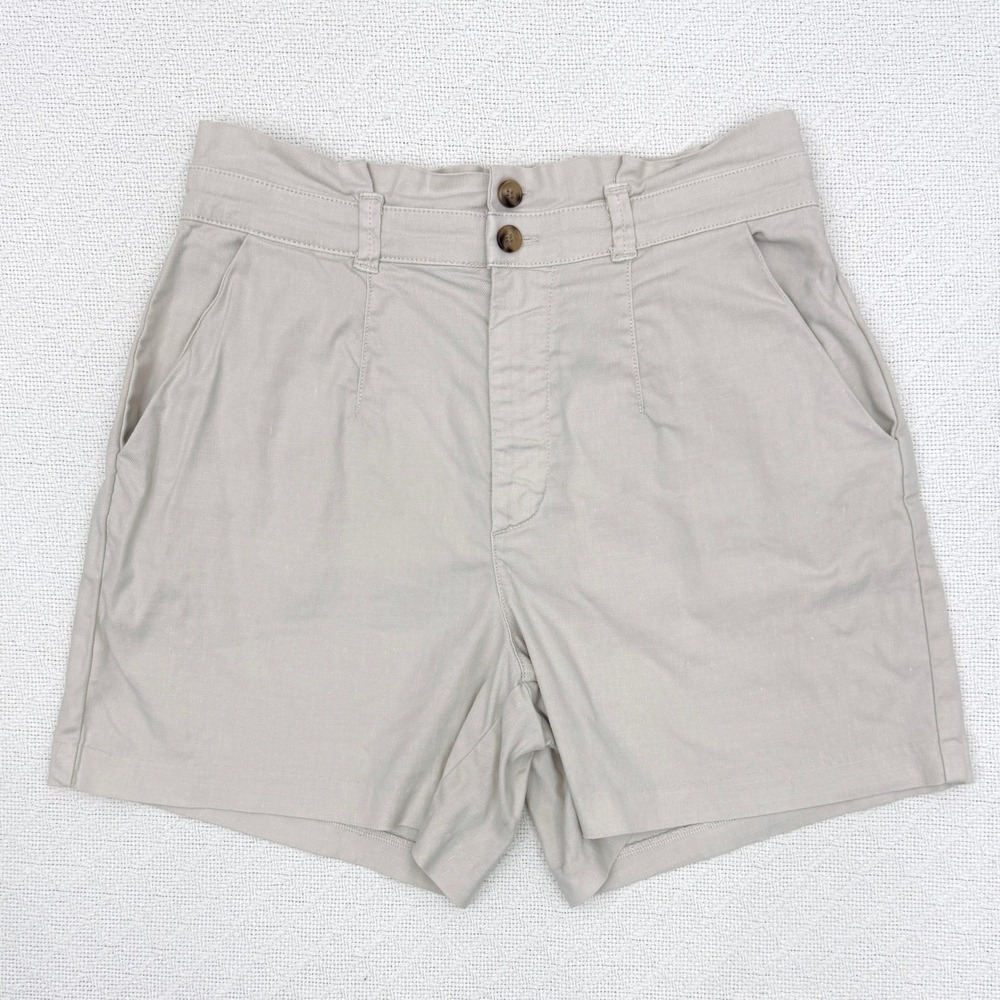Evereve Beige Linen Blend Paperbag High Rise Waist Shorts 5" Inseam Size 27